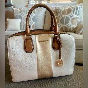 Michael Kors Mercer Center Stipe Leather Bag in White w/ Gold Stripe